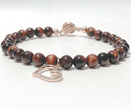 Burgundy Tiger Eye Rodse Gold Heart Bracelet