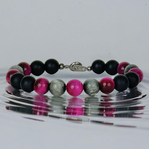 Matte Black Onyx Fuschia Tiger Eye and Hawks Eye Bracelet