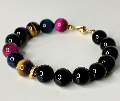Pink Multi Color Tiger Eye & Black Onyx Bracelet
