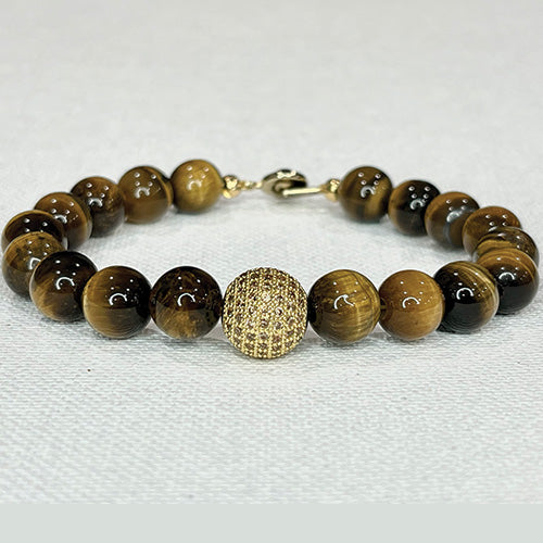 Natural Tiger Eye 10mm Gold Pave Bead