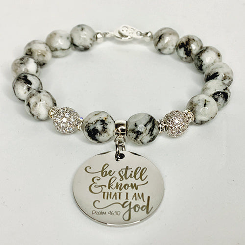 Black & White Jasper "Be Still" Charm Bracelet