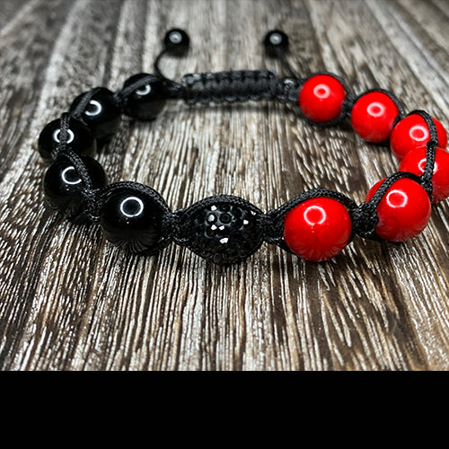 Red Fossil and Black Onyx Shamballa Bracelet