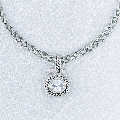 Antique Silver Oblong CZ Pendant Necklace