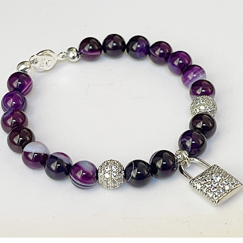 Purple Stripe Agate Lock Charm Bracelet